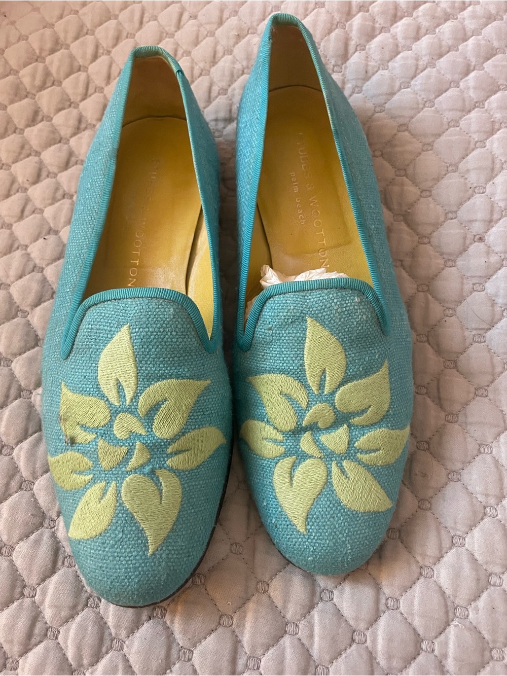 Stubbs & Wootton Turquoise Loafers with Pale Yellow Floral Embroidery